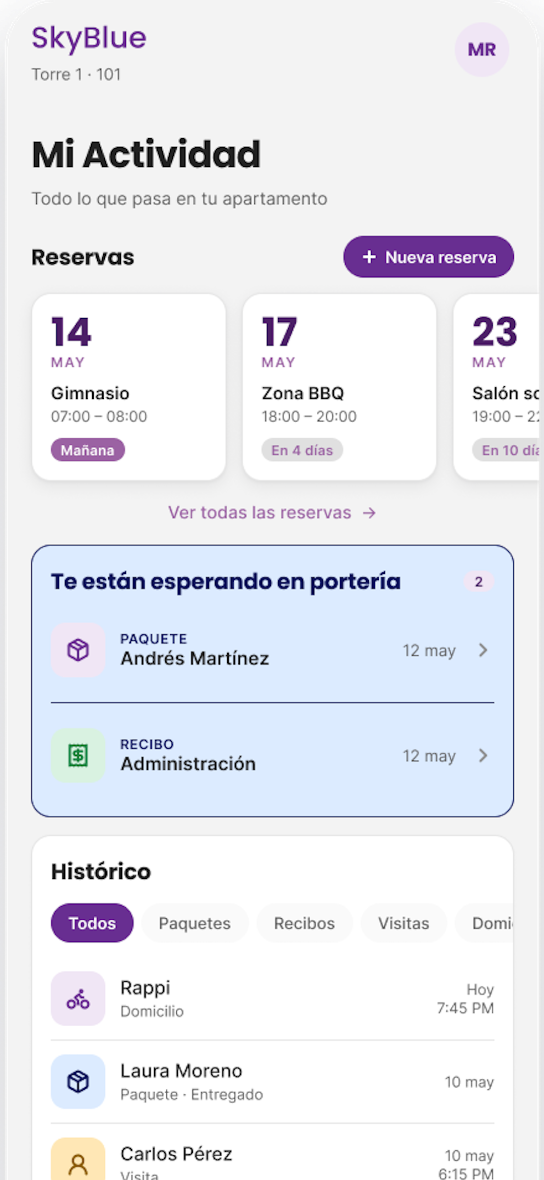 App de residente de Biru con reservas de zonas comunes, paquetes en portería e historial.