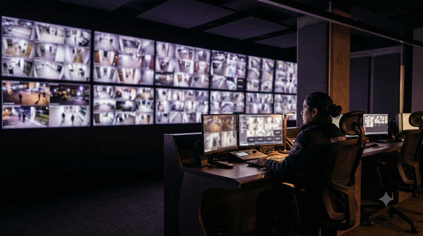 Centro de control de seguridad con varios monitores de cámaras encendidos.