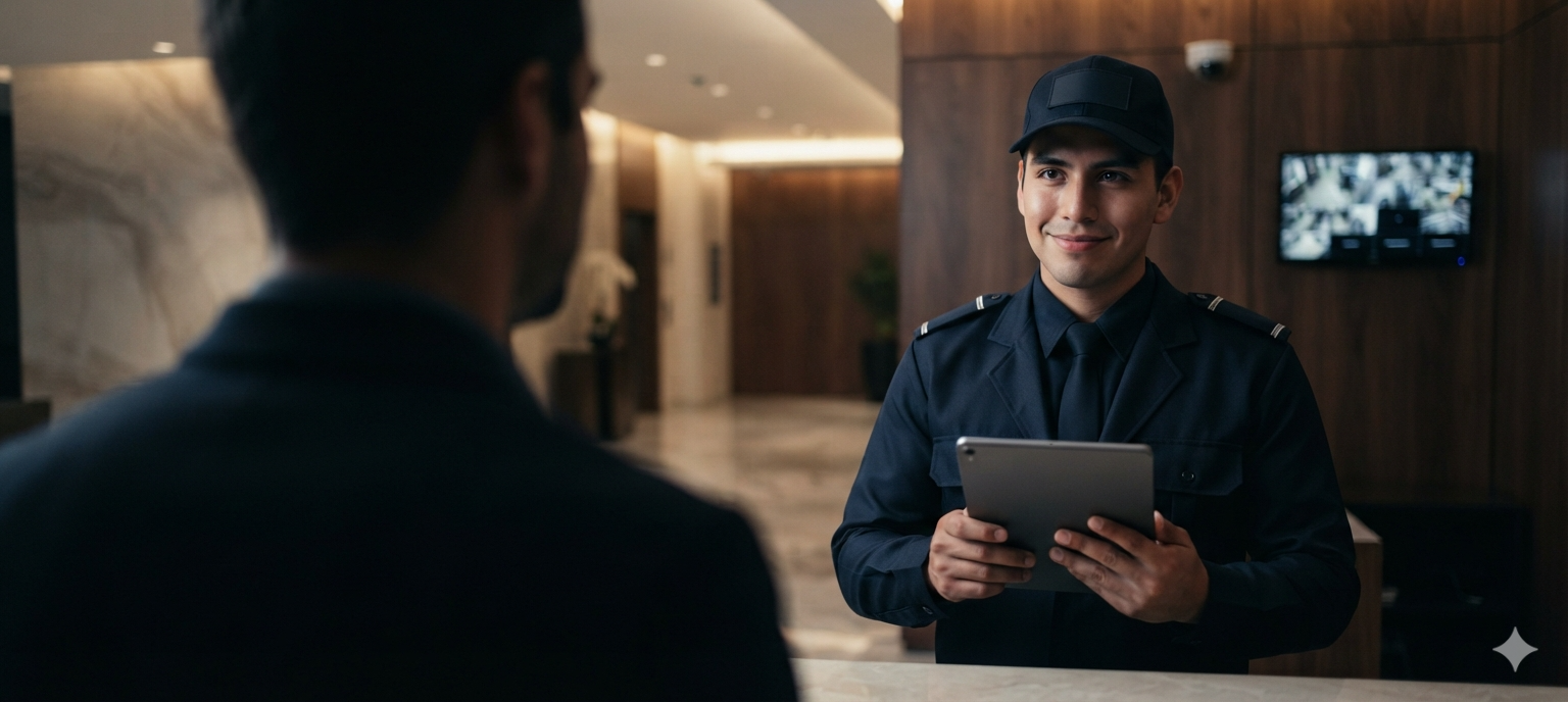 Portero de seguridad registrando en una tablet el ingreso de un visitante, en el lobby de un edificio.