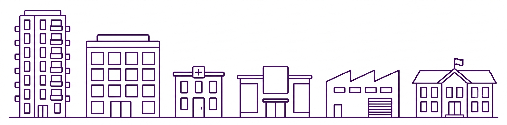 Ilustración de seis tipos de edificio: torre residencial, bloque corporativo, clínica, centro comercial, bodega industrial y colegio.
